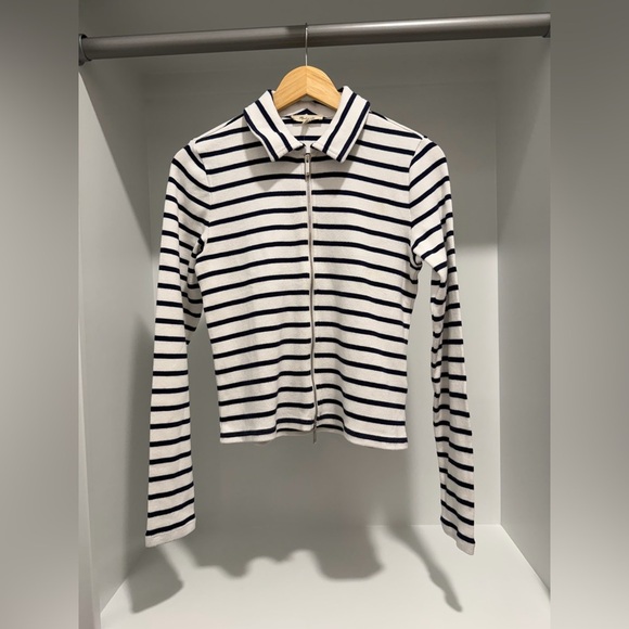 NWT Madewell Ribbed Zip-Front Tee in winter white stripe size M NS577 - Picture 9 of 13